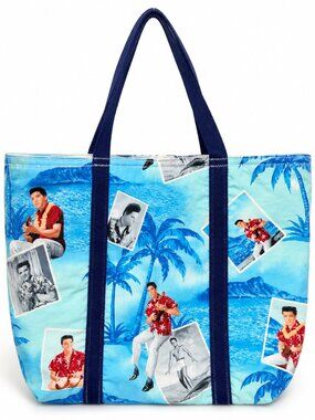 Vintage Elvis Presley Hawaiian Tote Bag Blue Tropical Beach Quilted Large